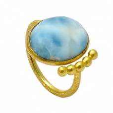 925 Sterling Silver Blue Larimar Oval Cabochon Gemstone Gold Plated Handmade Ring