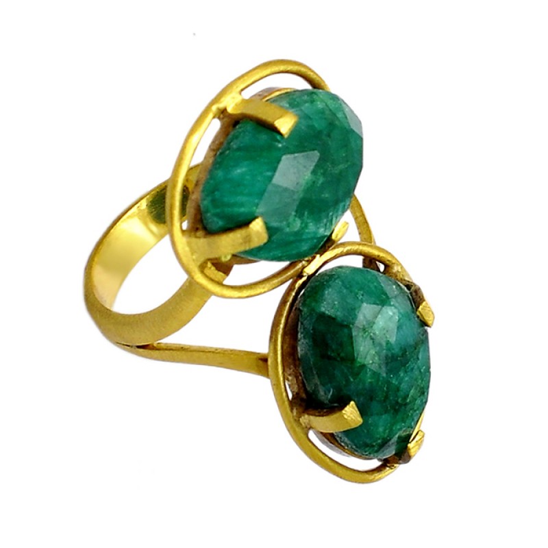 Stylish Designer Emerald Oval Shape Gemstone 925 Sterling Silver Gold Plated Rings