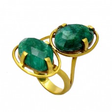 Stylish Designer Emerald Oval Shape Gemstone 925 Sterling Silver Gold Plated Rings