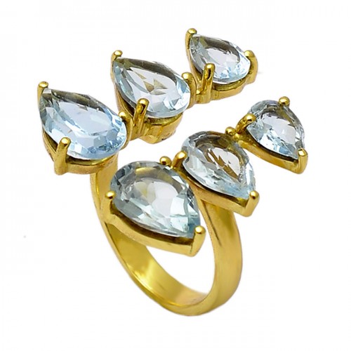 Pear Shape Blue Topaz Gemstone Handmade Prong Setting Gold Plated Ring Jewelry