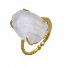 Raw Material Rainbow Moonstone 925 Sterling Silver Gold Plated Adjustable Ring 