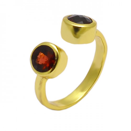 Faceted Round Shape Garnet Gemstone 925 Sterling Silver Gold Plated Ring 