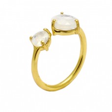 Round Shape Rainbow Moonstone 925 Sterling Silver Gold Plated Ring Jewelry