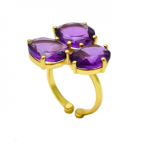 Faceted Oval Shape Amethyst Gemstone 925 Sterling Silver Gold Plated Adjustable Ring