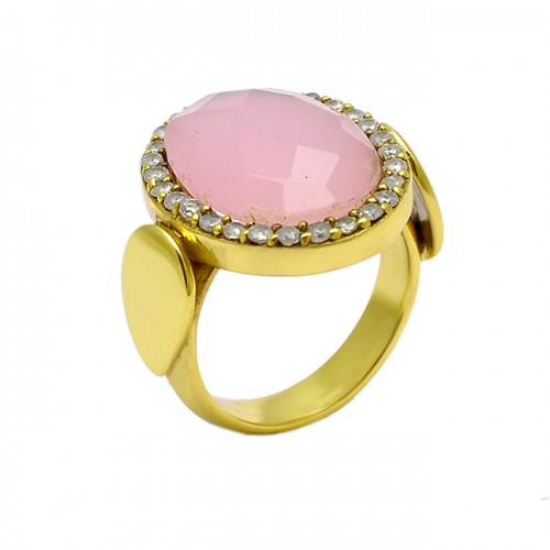 Rose Chalcedony Cz Gemstone 925 Sterling Silver Gold Plated Designer Ring Jewelry