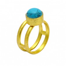 Round Shape Turquoise Gemstone 925 Sterling Silver Gold Plated Designer Ring