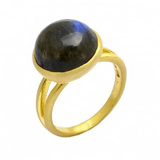 Round Shape Labradorite Gemstone 925 Sterling Silver Gold Plated Ring Jewelry