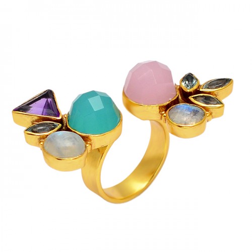 Multi Color Gemstone 925 Sterling Silver Gold Plated Designer Cocktail Ring Jewelry