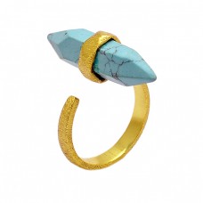 Pencil Shape Turquoise Gemstone 925 Sterling Silver Gold Plated Ring Jewelry