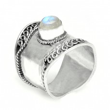 Rainbow Moonstone Round Cabochon Gemstone 925 Silver Vintage Designer Rings