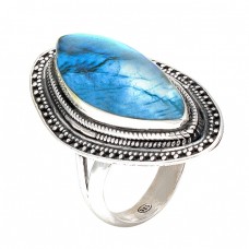 Nice Blue Fire Labradorite Cabochon Marquise Gemstone 925 Sterling Silver Black Oxidized Rings