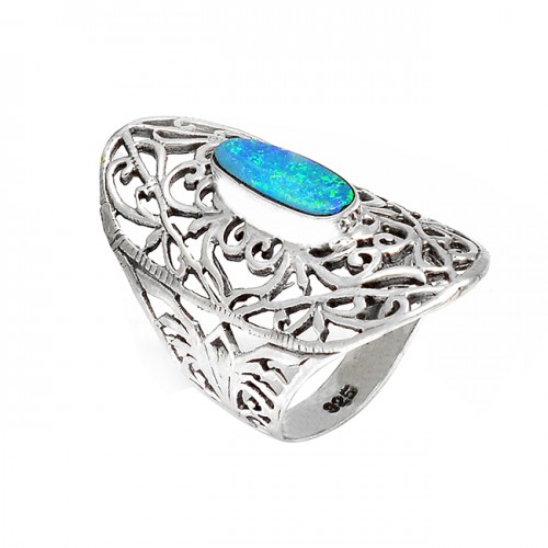 Blue Australian Opal Rectangle Gemstone 925 Sterling Silver Filigree Style Designer Rings 