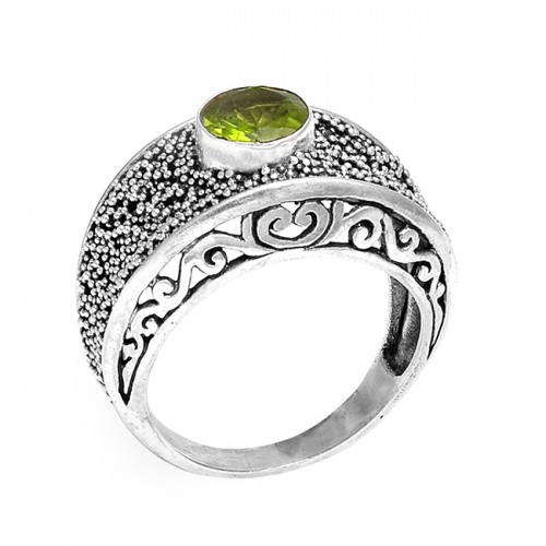 Faceted Round Peridot Gemstone 925 Sterling Silver Black Oxidized Ring Jewelry
