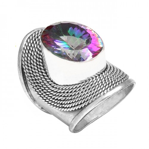 Mystic Topaz Oval Gemstone 925 Sterling Silver Vintage Look Designer Rings Jewelry