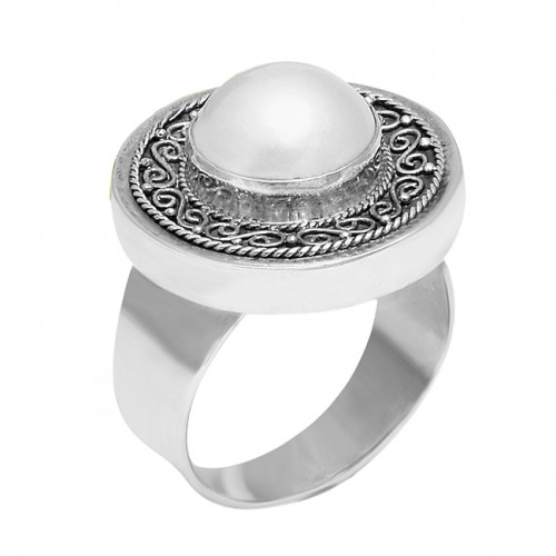 Latest Vintage Design Pearl Round Cabochon Gemstone 925 Sterling Silver Ring Jewelry