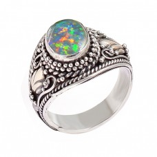 Handmade Designer Ethiopian Opal Oval Cabochon Gemstone Black Oxidized 925 Silver Rings