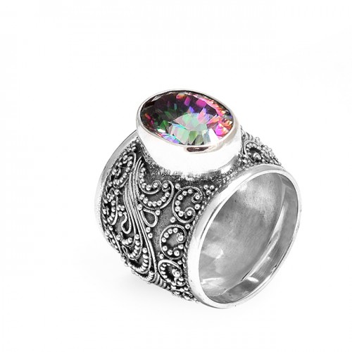 Style Vintage Look Mystic Topaz Oval Gemstone 925 Sterling Silver Ring Jewelry