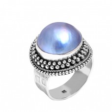 Round Cabochon Pearl Gemstone Handcrafted Black Oxidized Silver Ring Jewelry