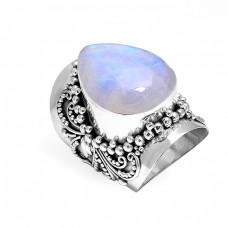 Fashionable Designer Rainbow Moonstone Pear Cabochon Gemstone 925 Sterling Silver Rings