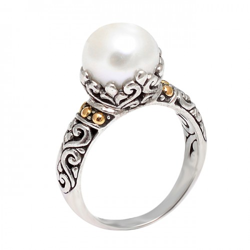 Stylish Designer Vintage Look Pearl Round Cabochon Gemstone 925 Silver Ring Jewelry
