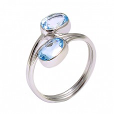 925 Sterling Silver Blue Topaz Oval Shape Gemstone Handmade Band Ring Jewelry