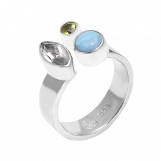 Green Amethyst Peridot Larimar Gemstone 925 Sterling Silver Designer Ring