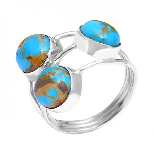 925 Sterling Silver Cabochon Round Blue Copper Turquoise Gemstone Designer Ring