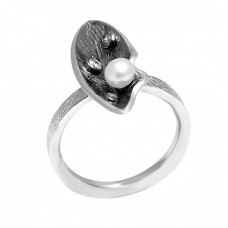 Handmade Designer Pearl Round Cabochon Gemstone Black Oxidized 925 Silver Rings Jewelry