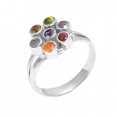 Faceted Round Shape Multi Color Gemstone 925 Sterling Silver Designer Ring