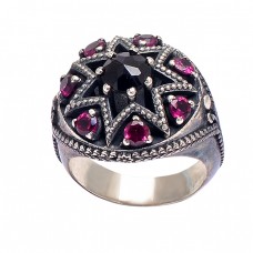 925 Sterling Silver Round Shape Garnet Gemstone Black Oxidized Designer Ring