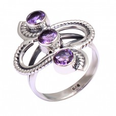 Purple Amethyst Round Shape Gemstone 925 Stylish Designer Silver Ring Jewelry