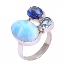 Larimar Lapis Lazuli Blue Topaz Gemstone 925 Sterling Silver Handmade Ring Jewelry