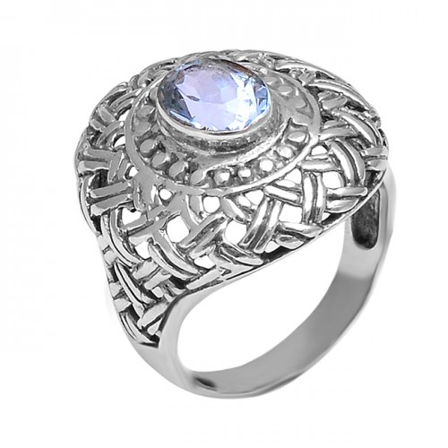 Blue Topaz Oval Shape Gemstone Handmade Filigree Stylish Designer 925 Silver Rings