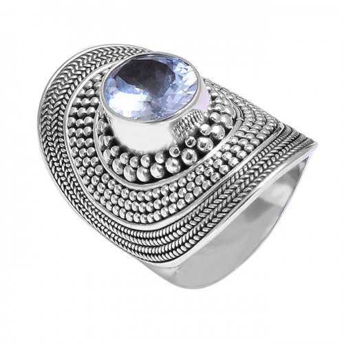 Blue Topaz Oval Shape Gemstone Black Oxidized Handcrafted Designer Silver Rings Jewelry