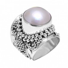 Designer Pearl Round Cabochon Gemstone 925 Sterling Silver Black Oxidized Rings