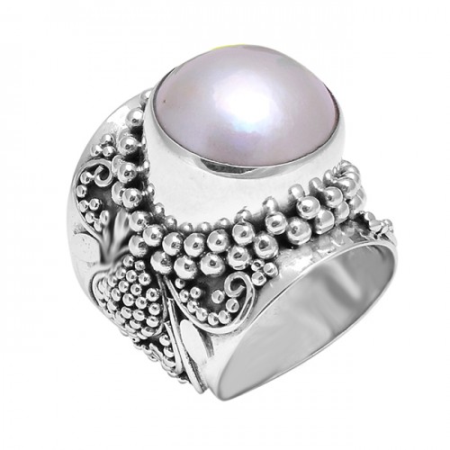 Designer Pearl Round Cabochon Gemstone 925 Sterling Silver Black Oxidized Rings