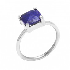 925 Sterling Silver Lapis Lazuli Square Shape Gemstone Prong Setting Ring Jewelry