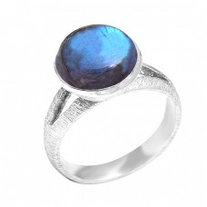 Round Cabochon Blue Fire Labradorite Gemstone 925 Sterling Silver Ring