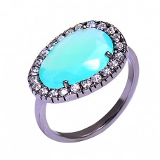 Pave CZ Aqua Chalcedony Gemstone 925 Sterling Silver Black Rhodium Rings Jewelry 