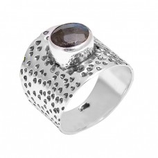 Hammered Designer Labradorite Round Shape Gemstone 925 Silver Ring Jewelry