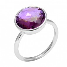 Natural Purple Amethyst Round Shape Gemstone 925 Sterling Silver Ring