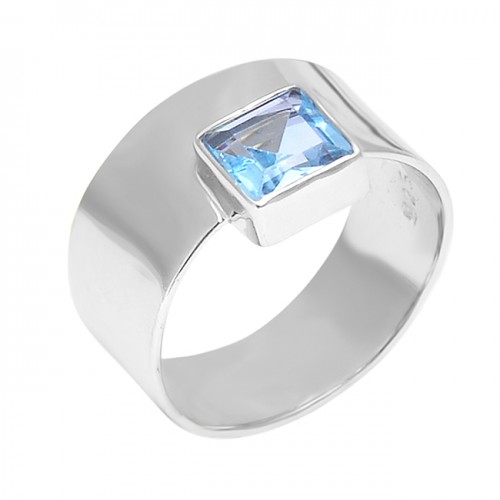 925 Sterling Silver Faceted Square Shape Blue Topaz Gemstone Latest Ring Jewelry
