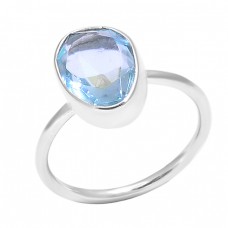 Faceted Oval Shape Blue Topaz Gemstone 925 Sterling Silver Handmade Ring