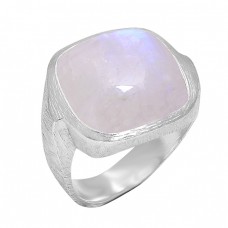 Cabochon Square Shape Rainbow Moonstone 925 Sterling Silver Band Ring
