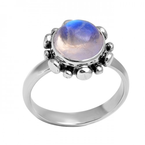 Cabochon Round Shape Rainbow Moonstone 925 Sterling Silver Black Oxidized Ring