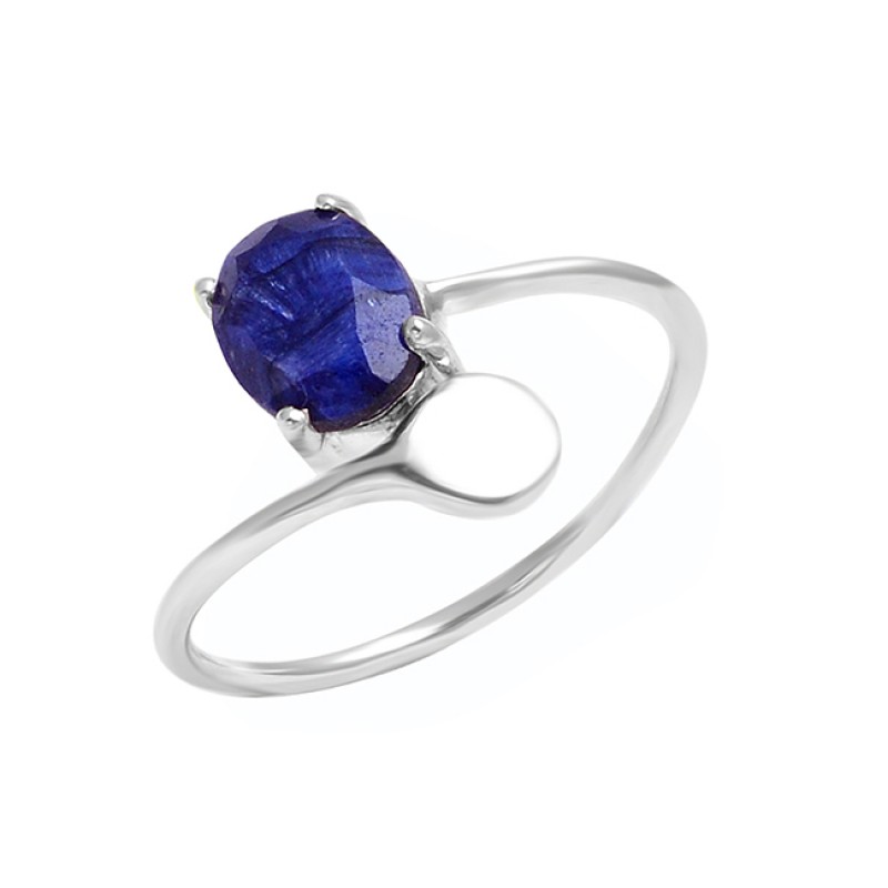 Faceted Oval Shape Sapphire Gemstone 925 Sterling Silver Band Style Ring Jewelry