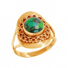 925 Sterling Silver Cabochon Round Green Copper Turquoise Gemstone Designer Ring