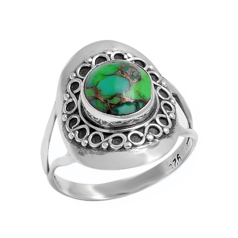 925 Sterling Silver Cabochon Round Green Copper Turquoise Gemstone Designer Ring