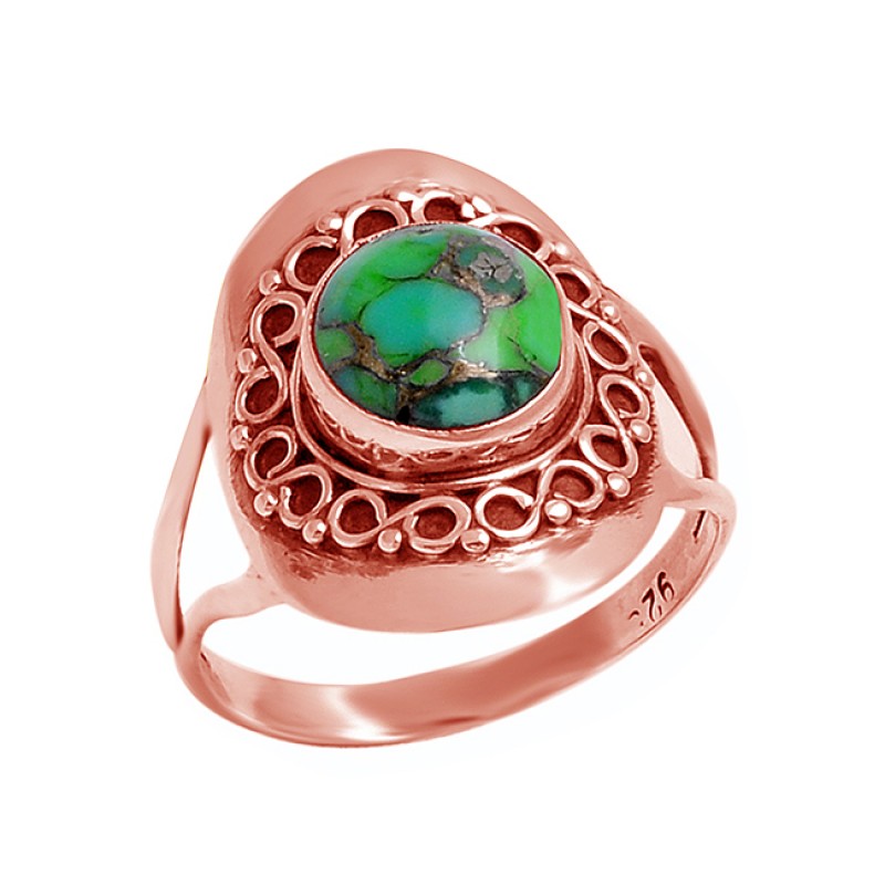 925 Sterling Silver Cabochon Round Green Copper Turquoise Gemstone Designer Ring