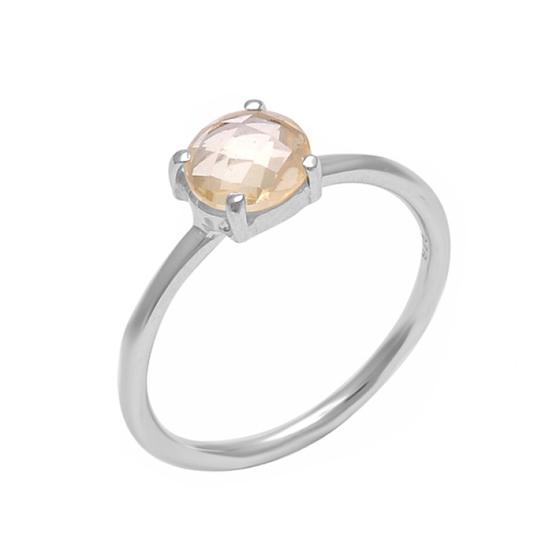 Faceted Round Shape Citrine Gemstone 925 Sterling Silver Prong Setting Ring 
